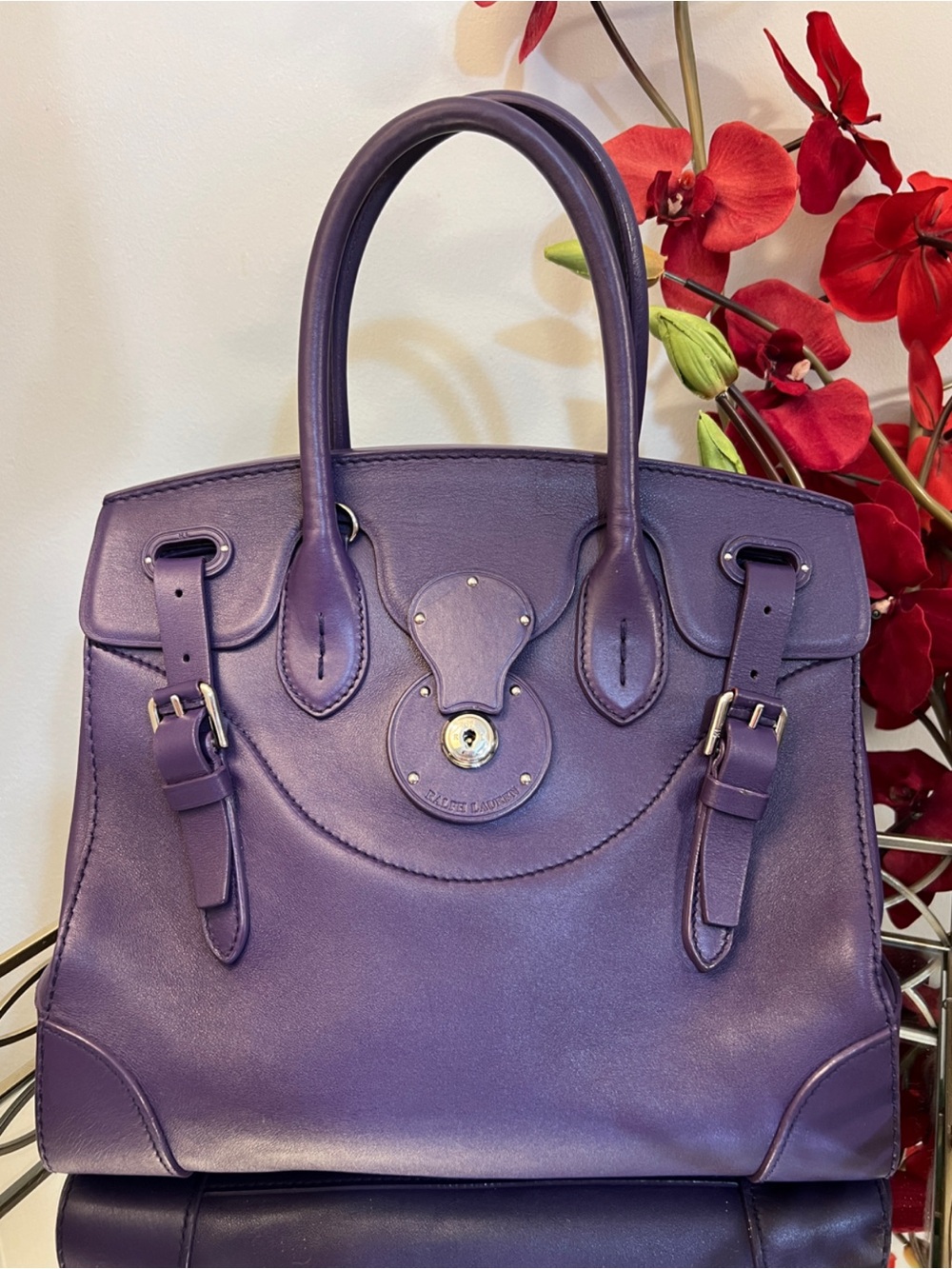 Ralph Lauren Collection Soft Ricky 33 Purple Leather Satchel Bag Silver Hardware